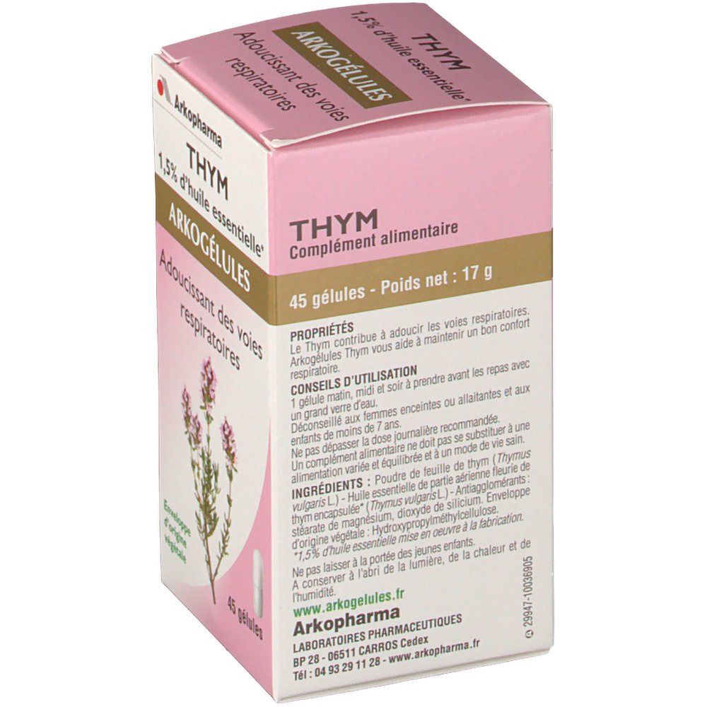 Boîte rose Arkogélules Thym. Contient 45 gélules. Inscription : 1,5 % huile essentielle. Complément alimentaire. Texte et ingrédients.