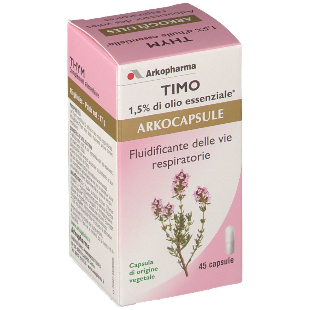 Boîte rose Arkocapsule Timo. Contient 45 gélules. Inscription : 1,5 % huile essentielle. Fluidifiant des voies respiratoires.