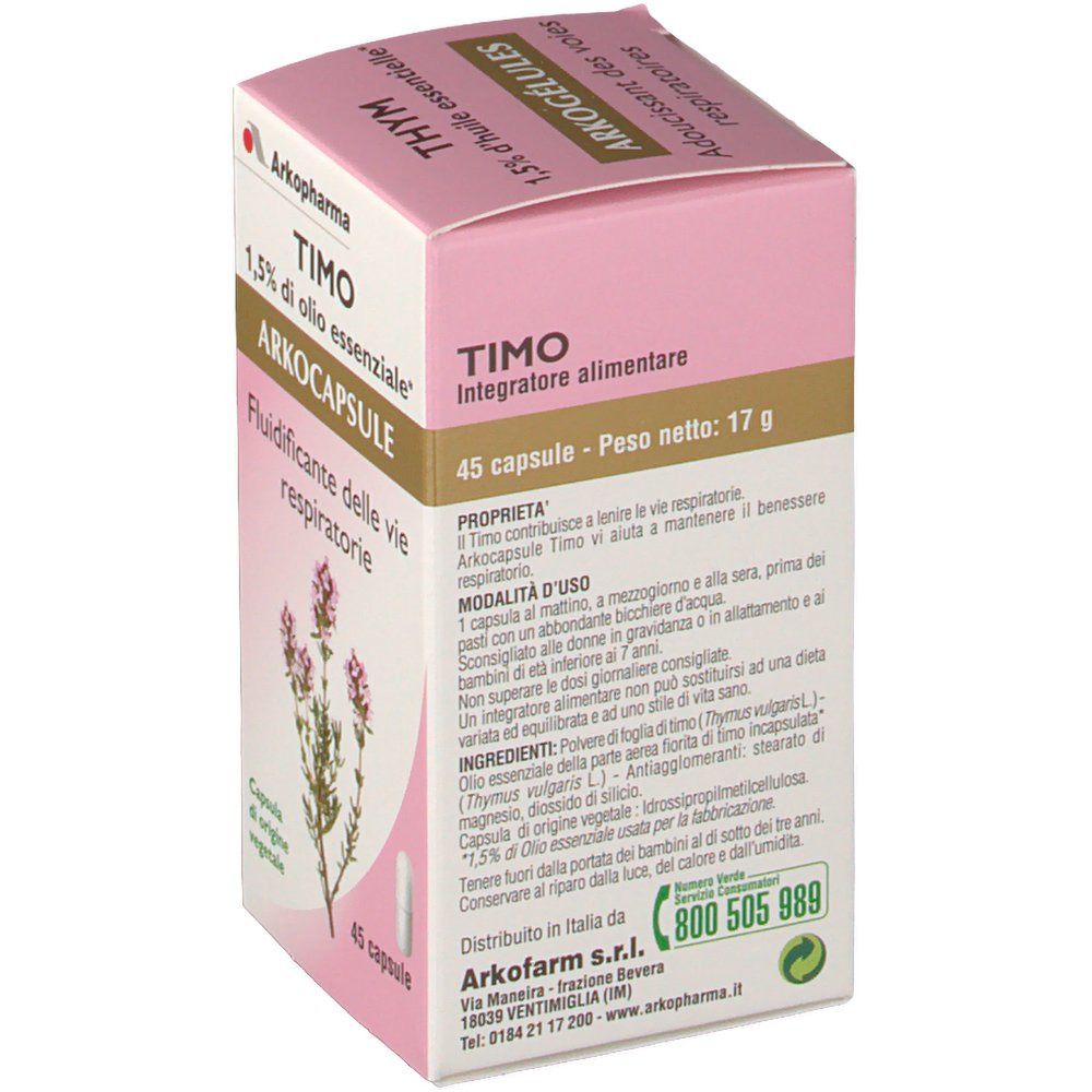 Boîte rose Arkocapsule Timo. Contient 45 gélules. Inscription : 1,5 % huile essentielle. Complément alimentaire. Texte et ingrédients.