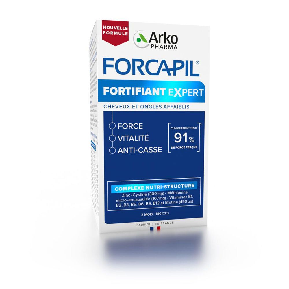 Boîte Arkopharma Forcapil Fortifiant Expert pour cheveux et ongles, mentionnant force, vitalité et anti-chute.
