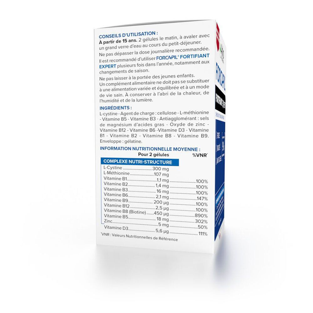 Arrière de la boîte Arkopharma Forcapil Fortifiant Expert avec conseils d'utilisation et informations nutritionnelles.