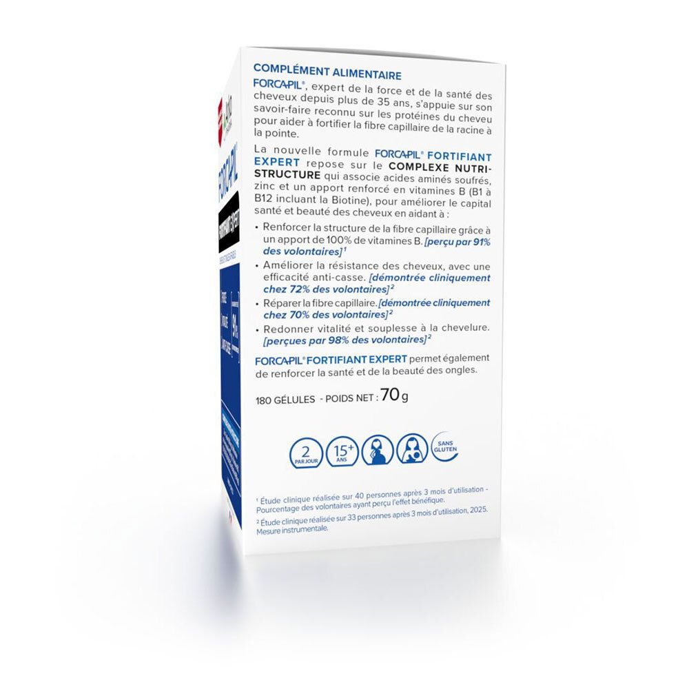 Côté de la boîte Arkopharma Forcapil Fortifiant Expert décrivant la formule et les études cliniques.