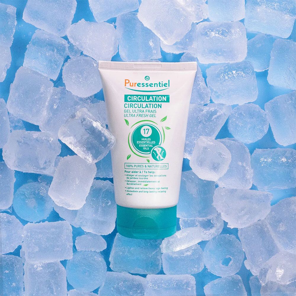 Tube blanc et turquoise sur des glaçons. Inscription : Circulation Gel Ultra Frais, 17 Huiles Essentielles.