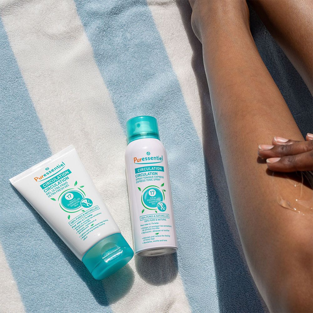 Deux produits à côté d'une jambe. Gauche : tube. Droite : spray. Inscription : Circulation.
