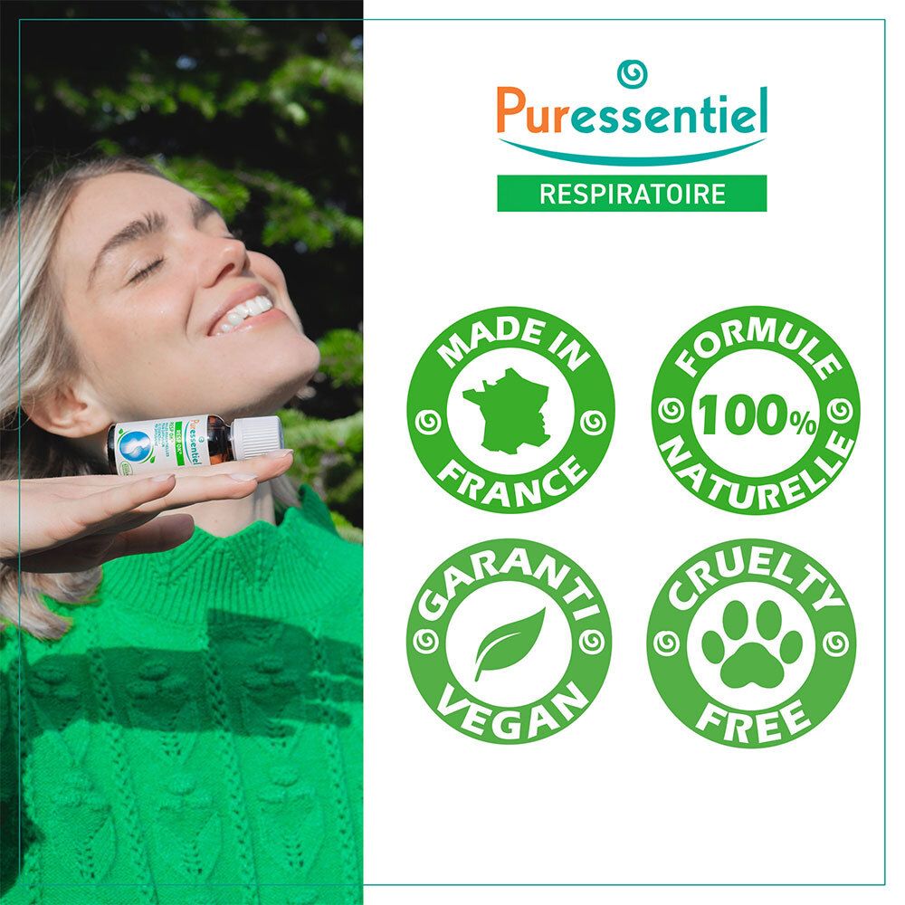 Femme tenant un flacon Puressentiel Resp OK Inhalation Humide. Certifications: Fabriqué en France, 100% naturel, Vegan, Cruelty-Free.