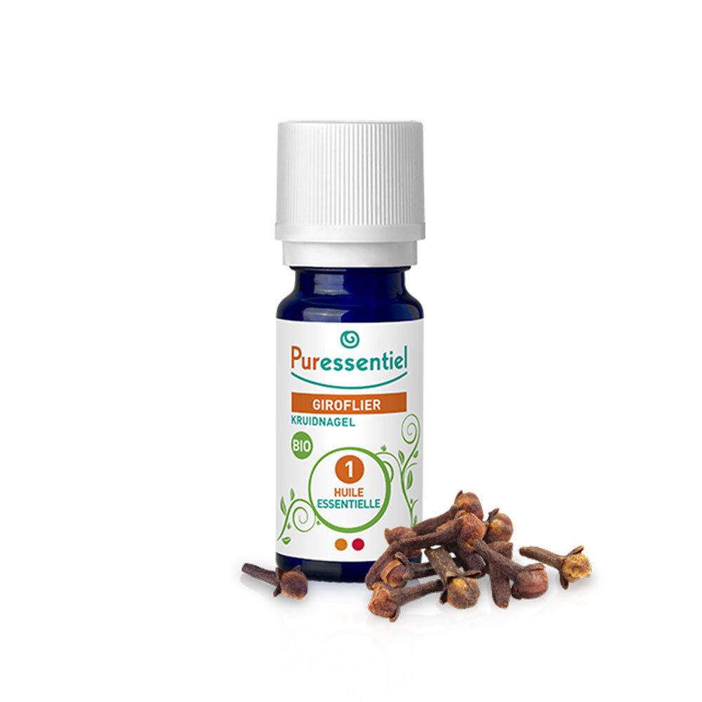 Flacon en verre brun, bouchon blanc, et clous de girofle. Inscription: Giroflier, BIO, Huile Essentielle. Marque: Puressentiel.
