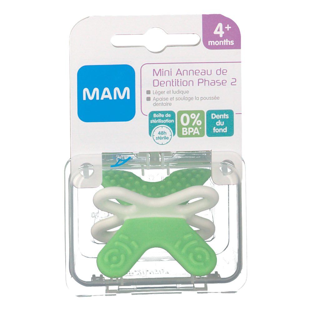 MAM Mini Anneau de Dentition Phase 2, vert et blanc. Emballage blister. 4+ mois. Sans BPA. Stérilisable.