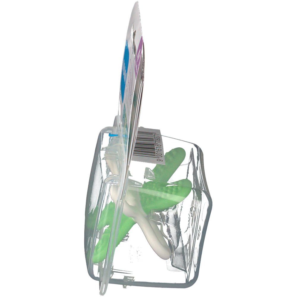 MAM Mini Anneau de Dentition Phase 2 en blister. Vue latérale. Vert et blanc. 4+ mois. Sans BPA.