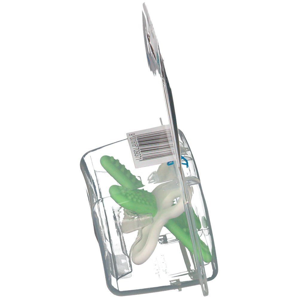MAM Mini Anneau de Dentition Phase 2 en blister. Vue latérale. Vert et blanc. Informations produit.
