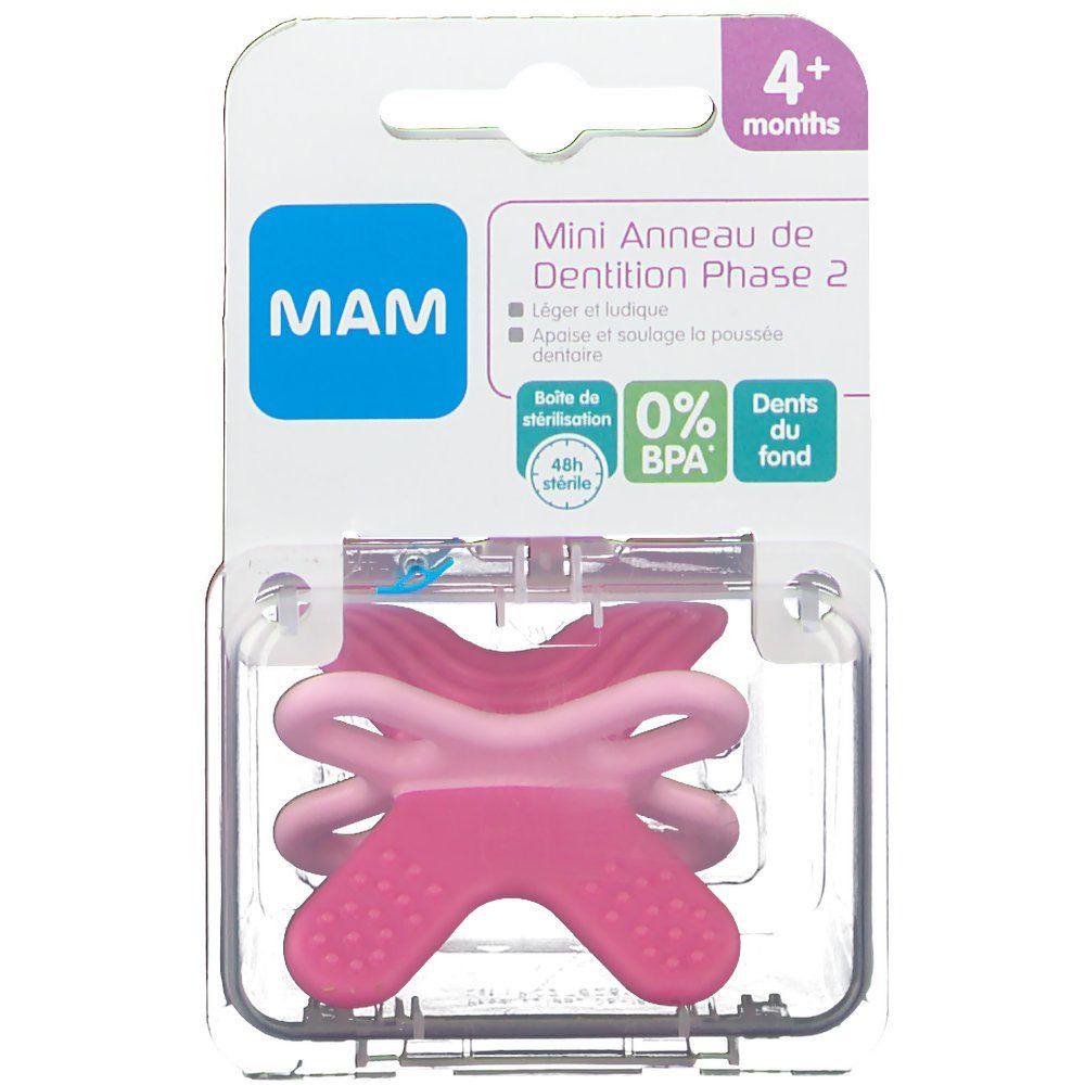 MAM Mini Anneau de Dentition Phase 2, rose. Emballage blister. 4+ mois. Sans BPA. Stérilisable.