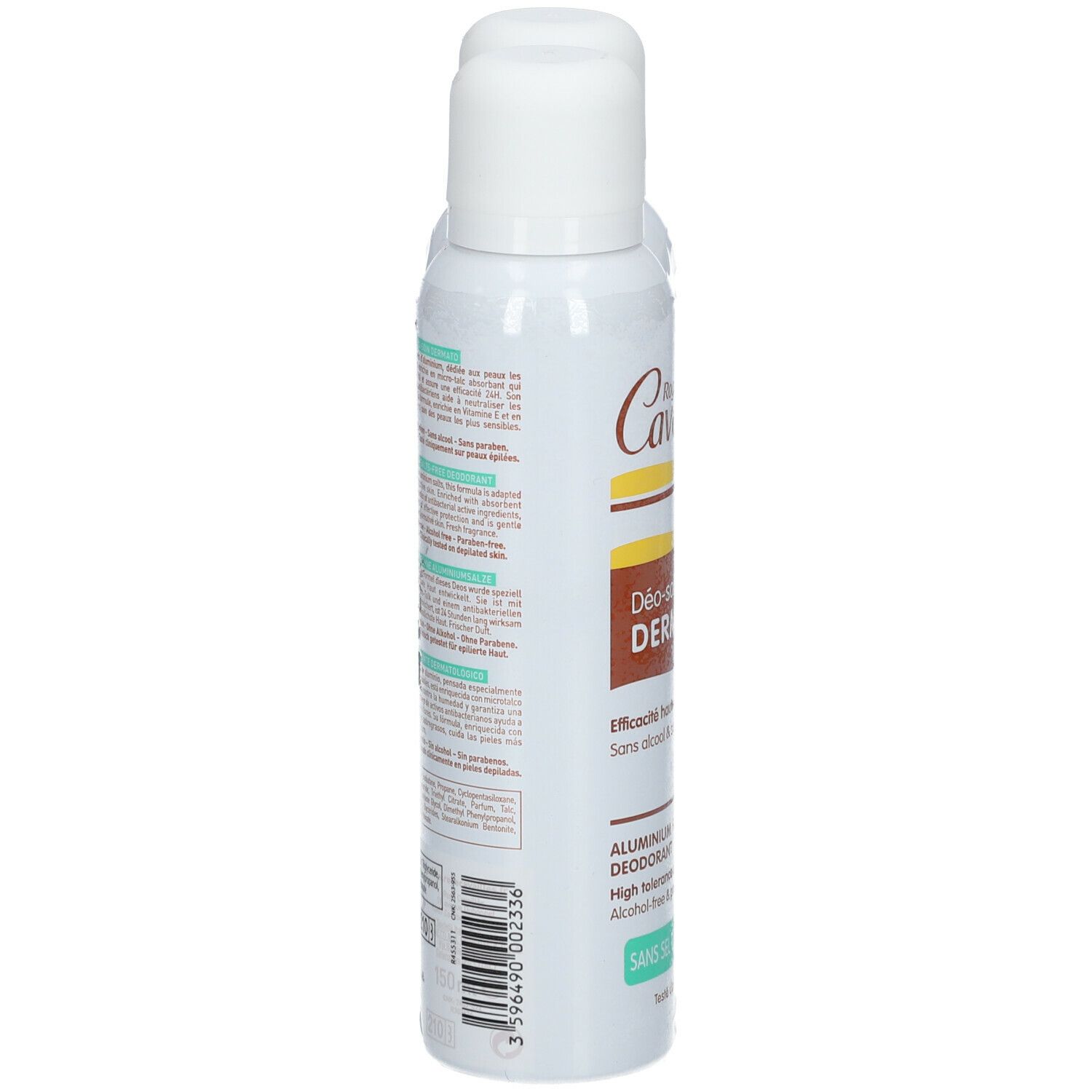 Déodorant en spray, vue latérale. Tête blanche, textes marron et vert. Texte: Déo-soin Dermato, sans alcool & sans paraben.