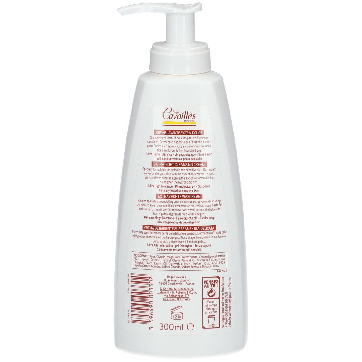 Flacon blanc avec pompe. Inscriptions multilingues. Contenance 300ml.