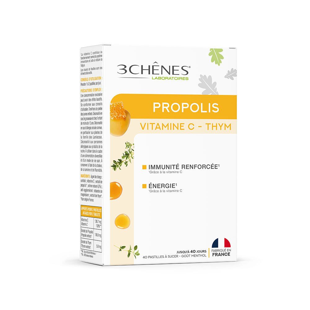 Boîte de pastilles Propolis, vitamine C et thym. Marque 3 Chênes Laboratoires. Contient 40 pastilles. Fabriqué en France.