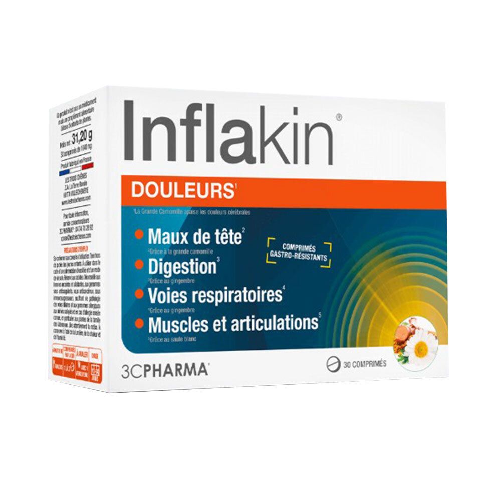 Boîte Inflakin. Inscriptions: Douleurs, maux de tête, digestion, voies respiratoires, muscles et articulations. 30 comprimés.