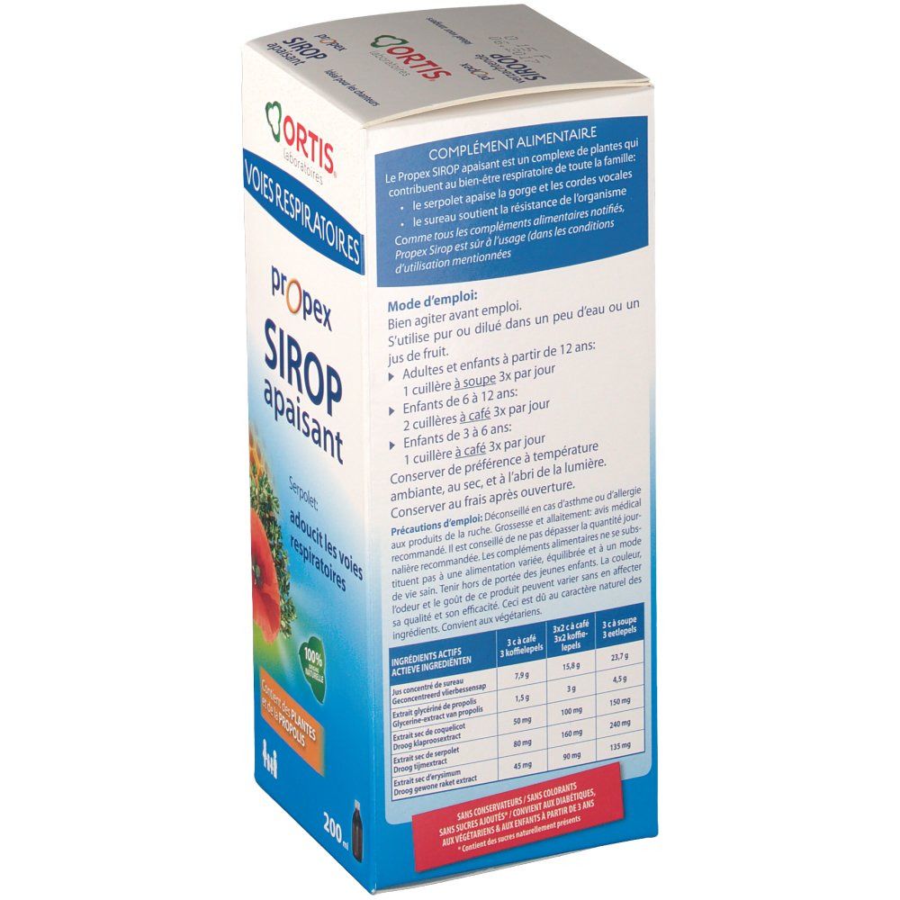 Boîte Ortis Propex sirop apaisant, vue latérale. Ingrédients et informations produit. Flacon 200ml.