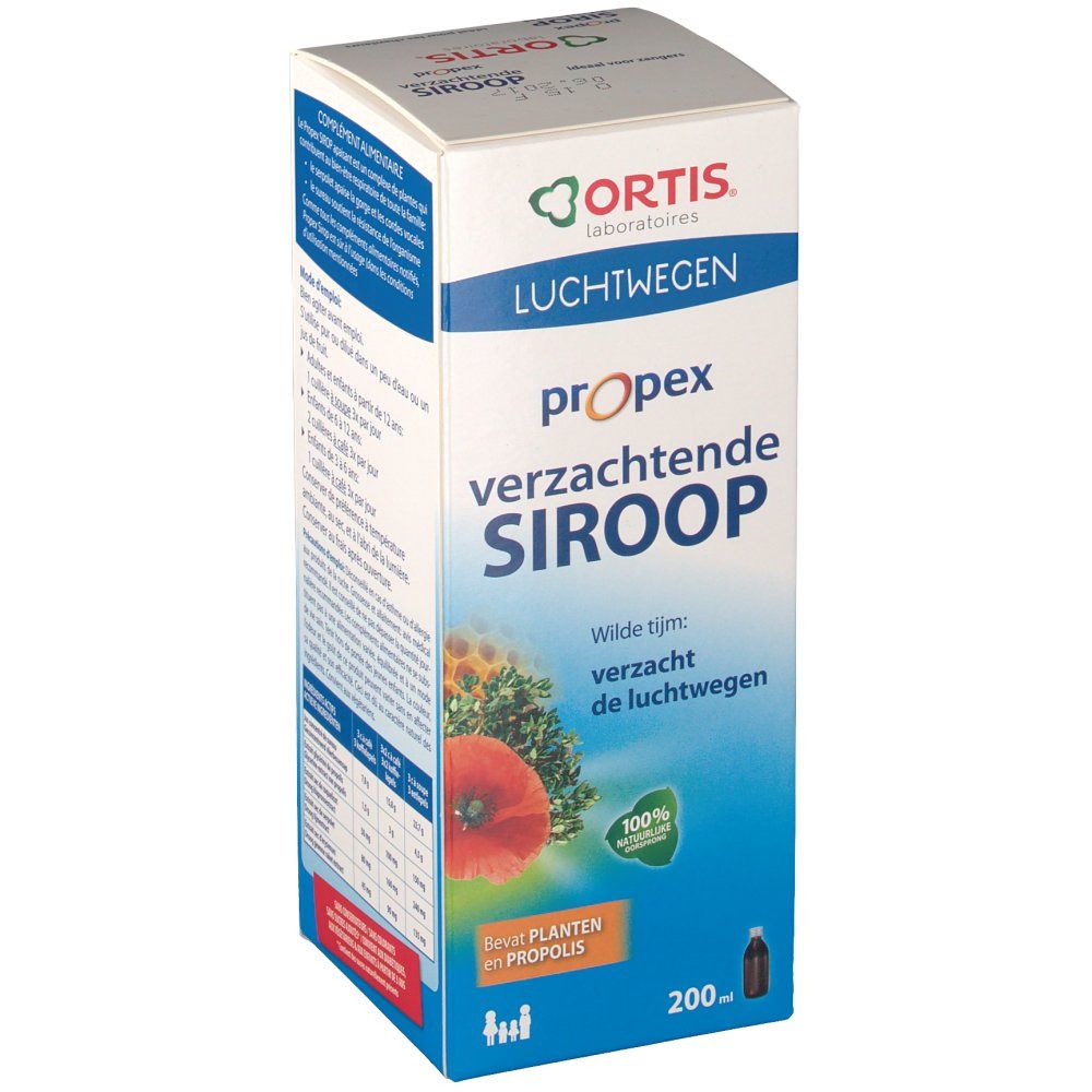 Boîte Ortis Propex sirop apaisant, face avant. Nom du produit et logo. Flacon 200ml.