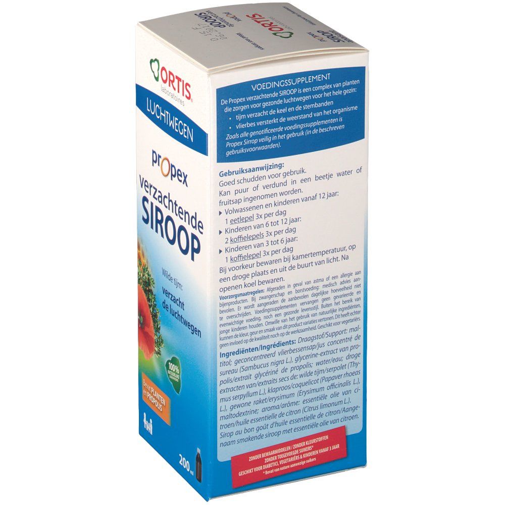 Boîte Ortis Propex sirop apaisant, vue arrière. Texte et informations produit. Flacon 200ml.