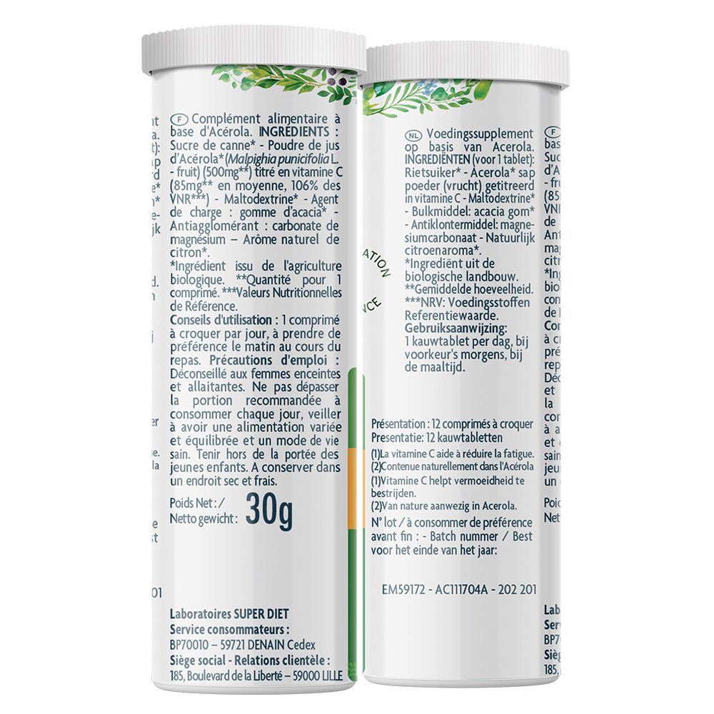 Dos de la boîte cylindrique. Texte avec ingrédients, mode d'emploi, poids 30g, label bio, logo vegan.