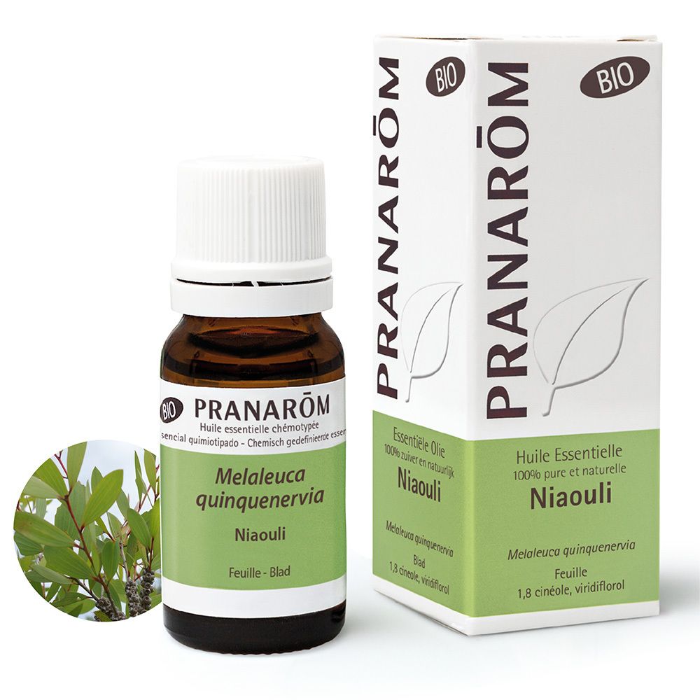 Flacon en verre brun, bouchon blanc, étiquette. Boîte avec infos produit. Certification Bio.