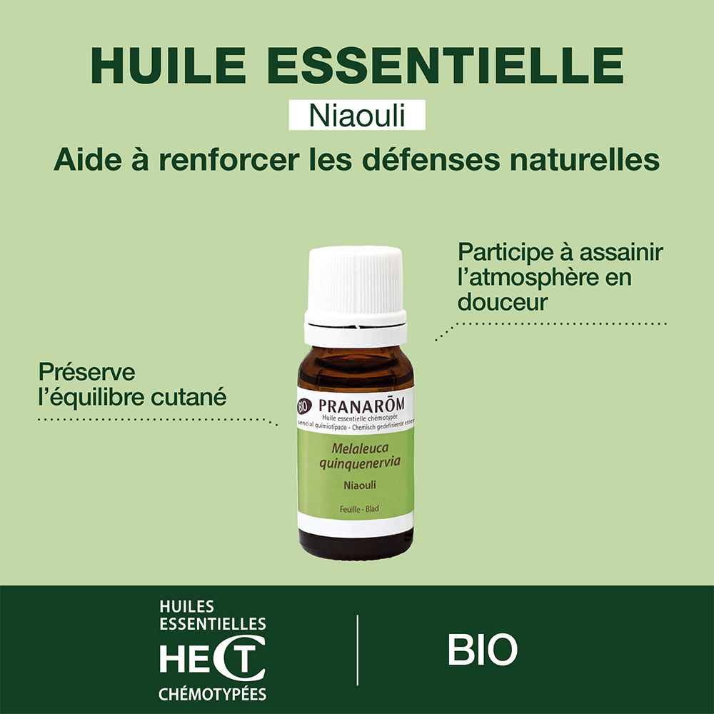 Flacon brun, bouchon blanc. Texte: Huile Essentielle Niaouli. Certification Bio. Fond vert et blanc.
