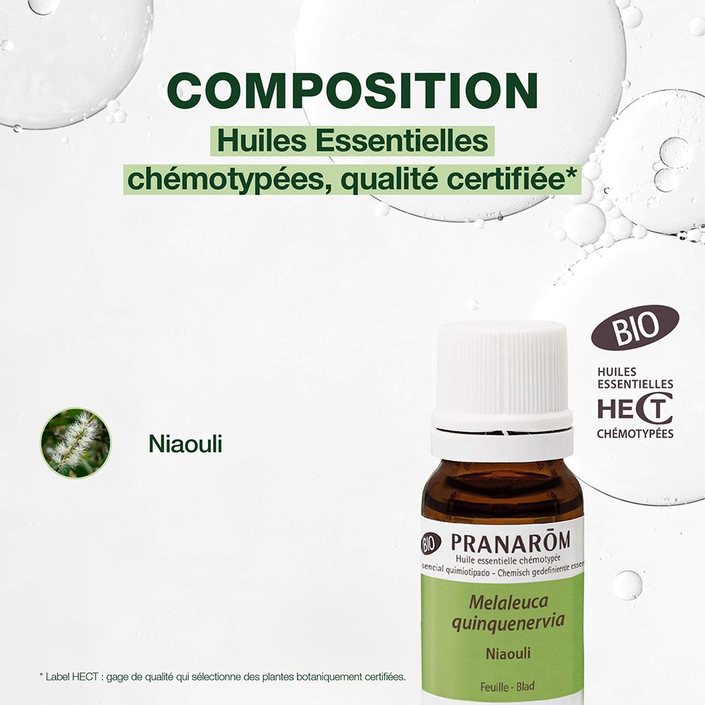 Flacon brun, bouchon blanc. Texte: Niaouli. Certification Bio. Fond vert avec informations produit.