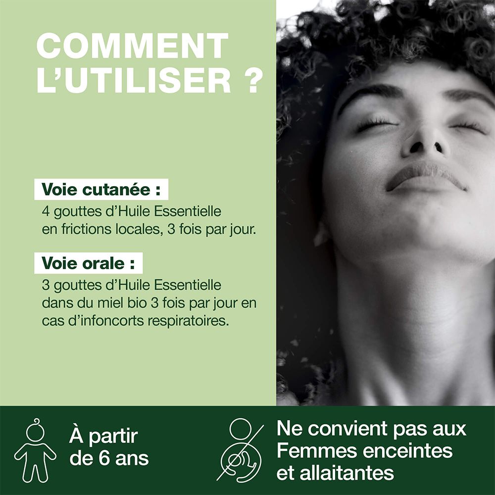 Femme aux yeux fermés. Texte: Conseils d'utilisation. Non pour femmes enceintes/allaitantes et enfants -6 ans.