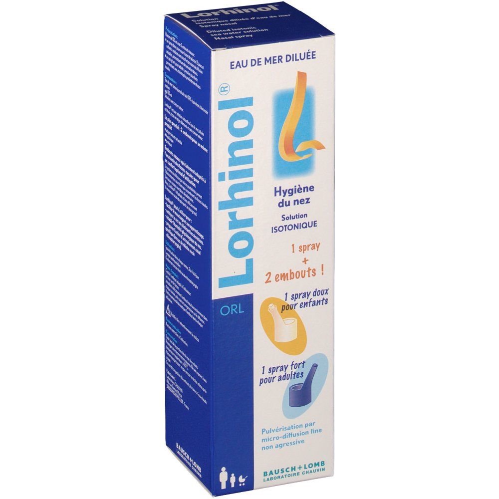 Boîte bleue et blanche avec nom et illustration du produit. Texte : "Hygiène du nez, Solution isotonique, 1 spray + 2 embouts!".