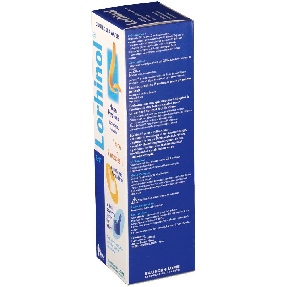 Dos de la boîte bleue et blanche avec informations et texte sur le produit. Contient du texte en plusieurs langues et des illustrations.