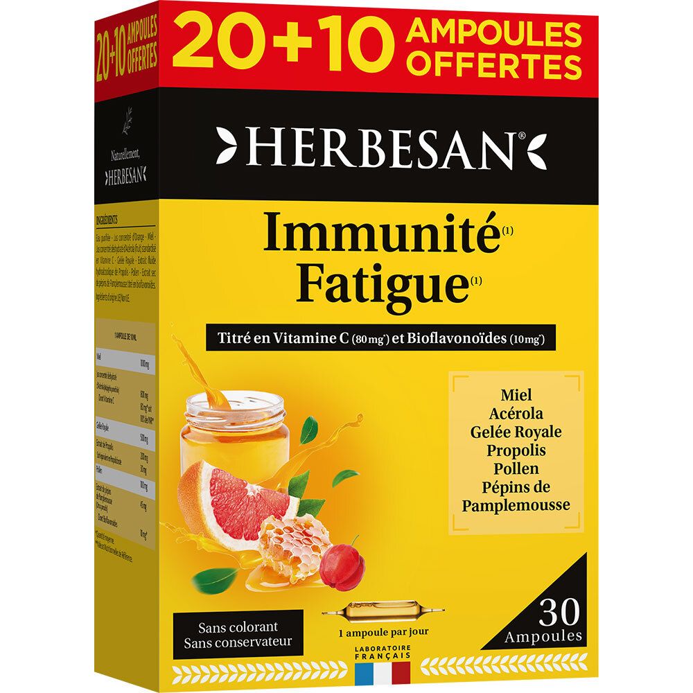 Boîte jaune Herbesan. Inscription Immunité Fatigue. Illustration miel, pamplemousse et ampoules. 30 ampoules.
