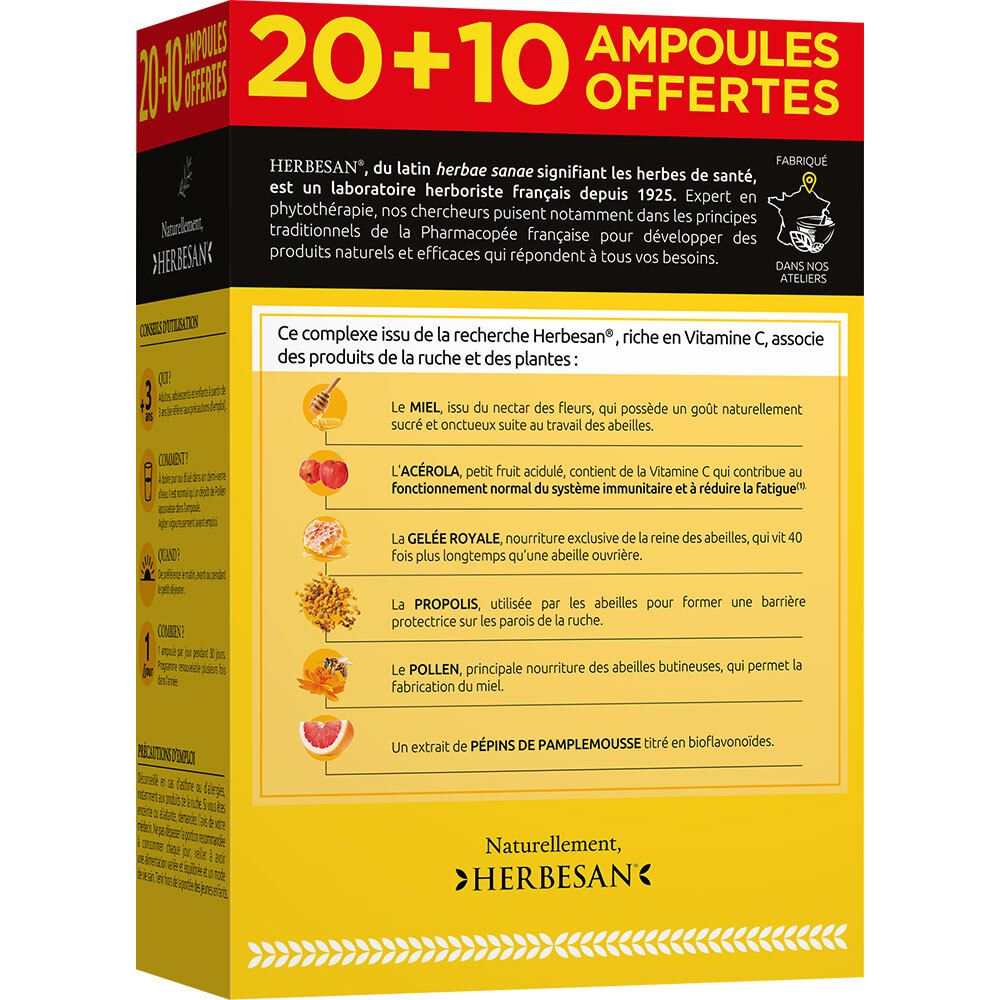 Dos de la boîte Herbesan. Texte sur les ingrédients et la marque. Illustrations de rayon de miel et fruits.