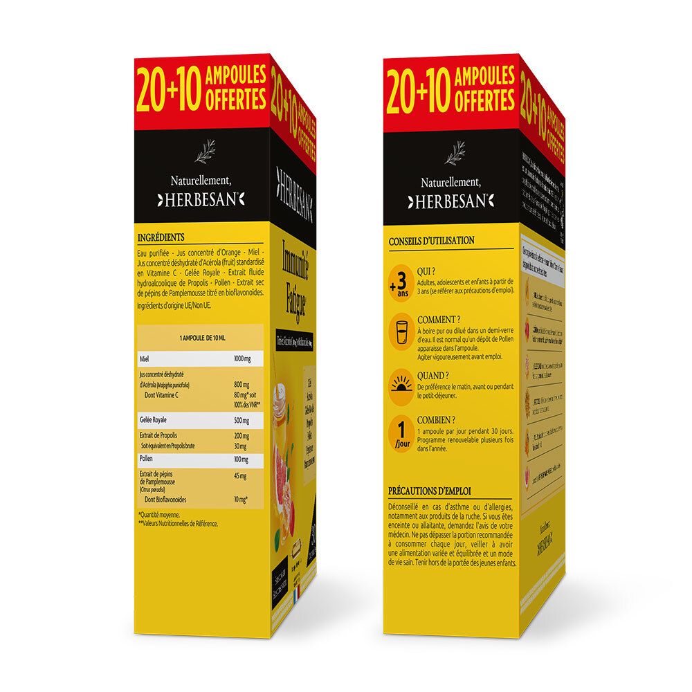 Vue latérale de la boîte Herbesan. Informations ingrédients et utilisation. Couleurs jaune et noir.