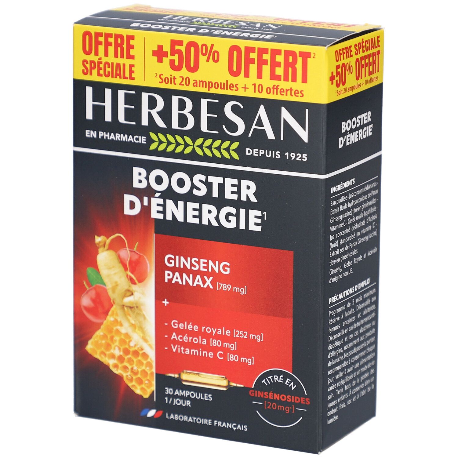Boîte Herbesan Booster d'Énergie. Contient ginseng, gelée royale, acérola et vitamine C. Offre spéciale +50%. Laboratoire français.