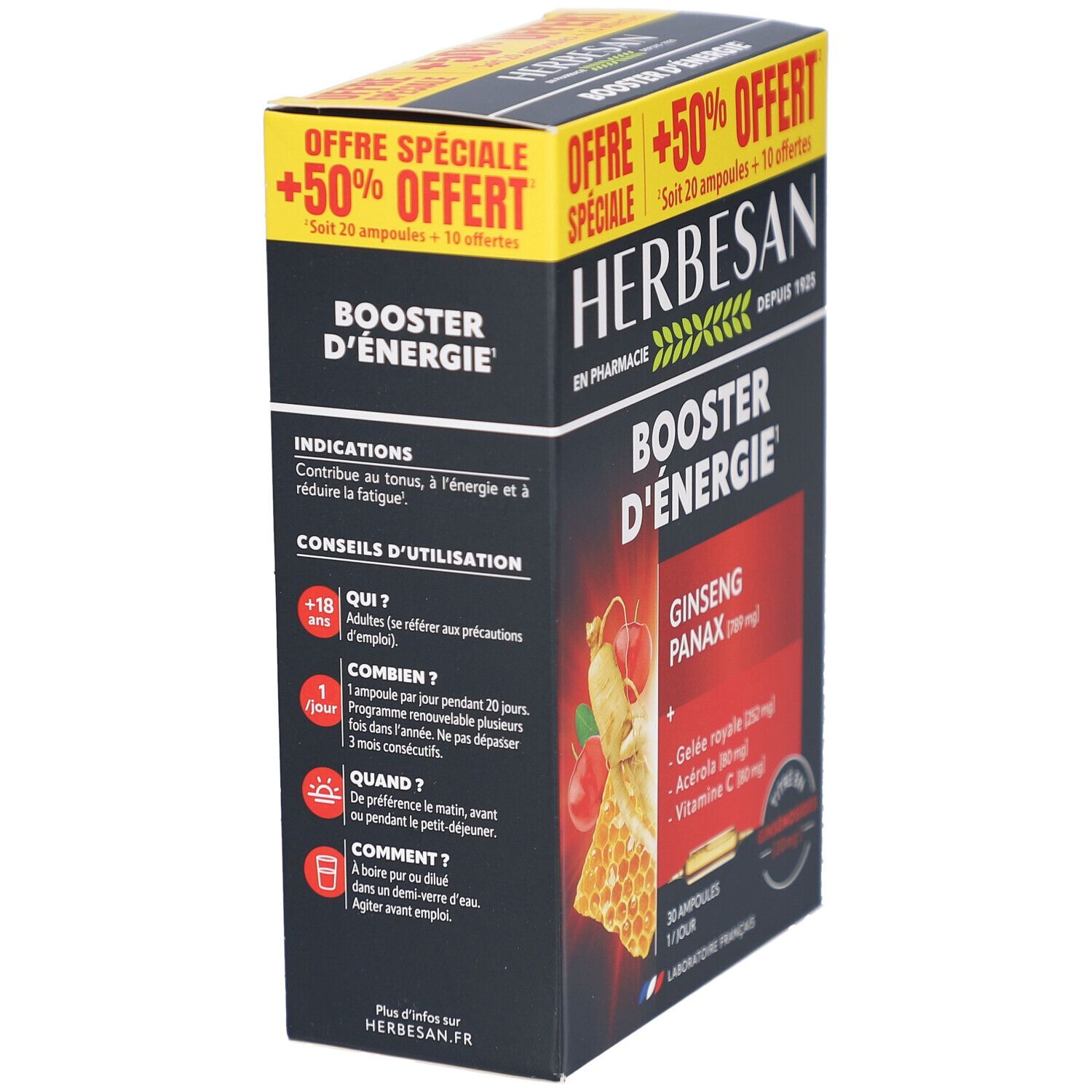 Boîte Herbesan Booster d'Énergie. Informations sur le produit. Contient ginseng, gelée royale, acérola et vitamine C. Fabriqué en France.