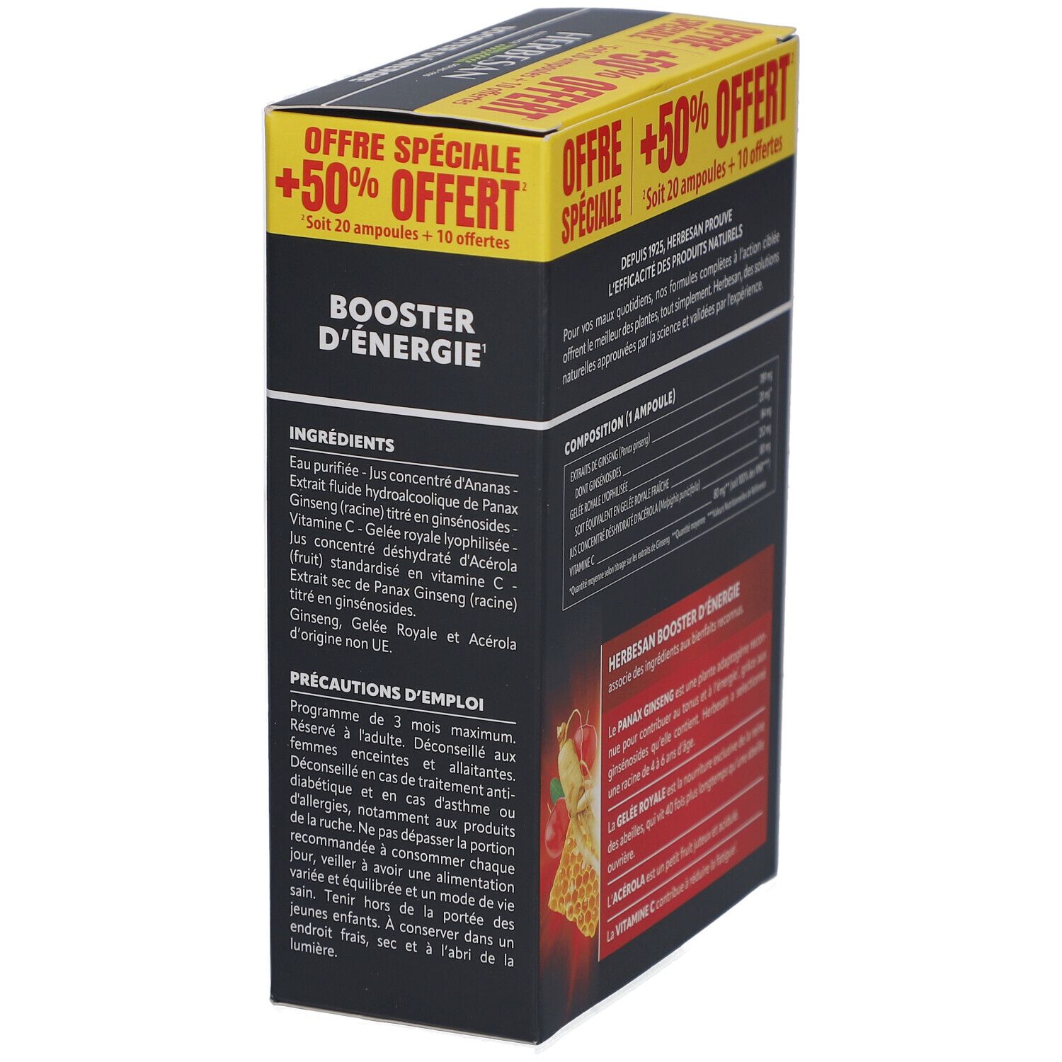 Vue latérale de la boîte Herbesan Booster d'Énergie. Ingrédients. Contient ginseng, gelée royale, acérola et vitamine C.