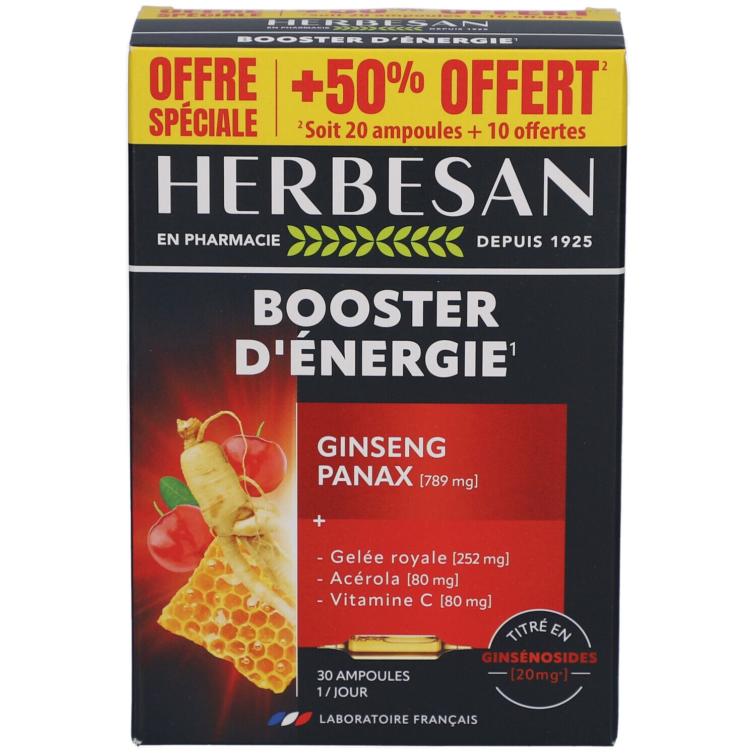 Boîte Herbesan Booster d'Énergie. Contient ginseng, gelée royale, acérola et vitamine C. Offre spéciale +50%. Laboratoire français.