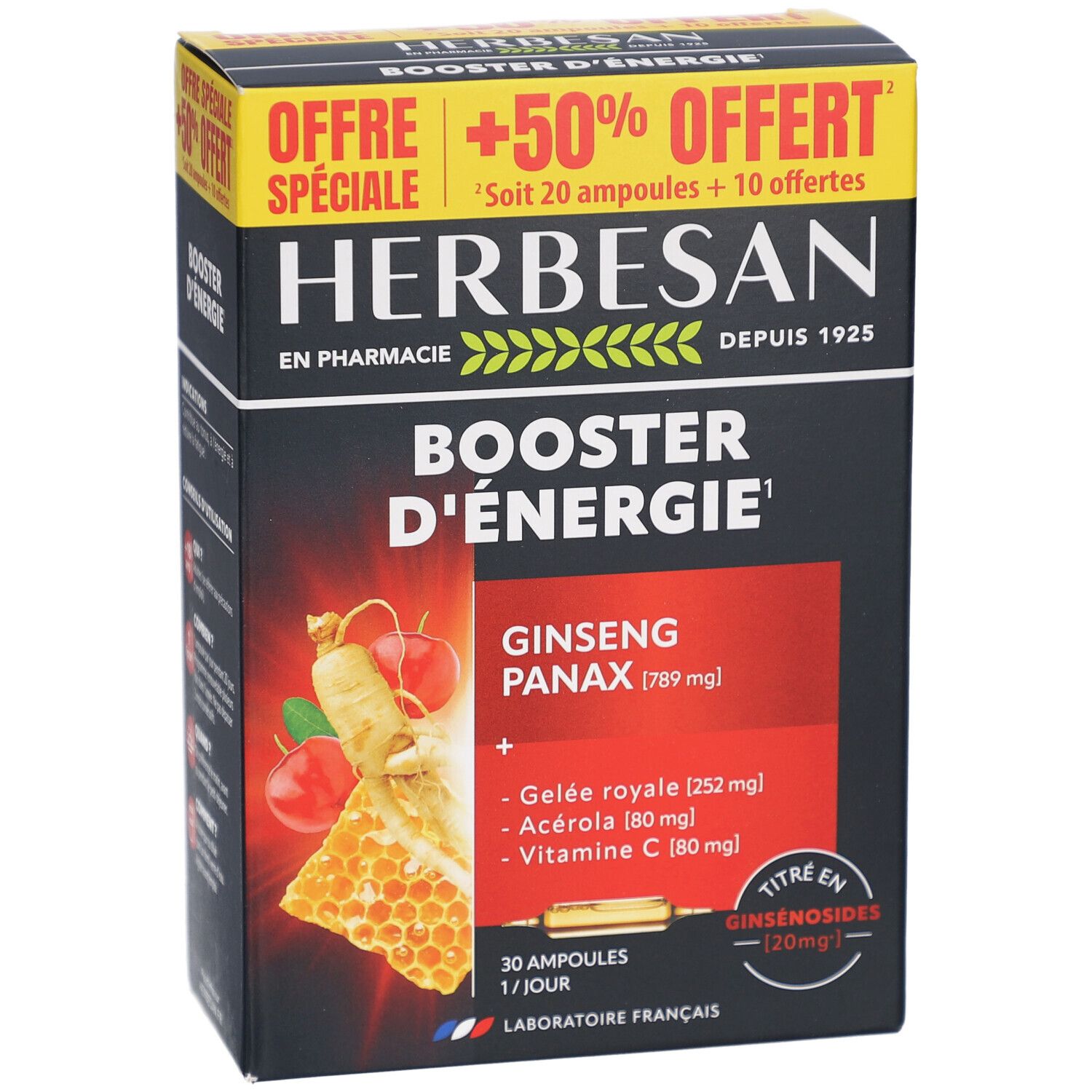 Boîte Herbesan Booster d'Énergie. Contient ginseng, gelée royale, acérola et vitamine C. Offre spéciale +50%. Laboratoire français.