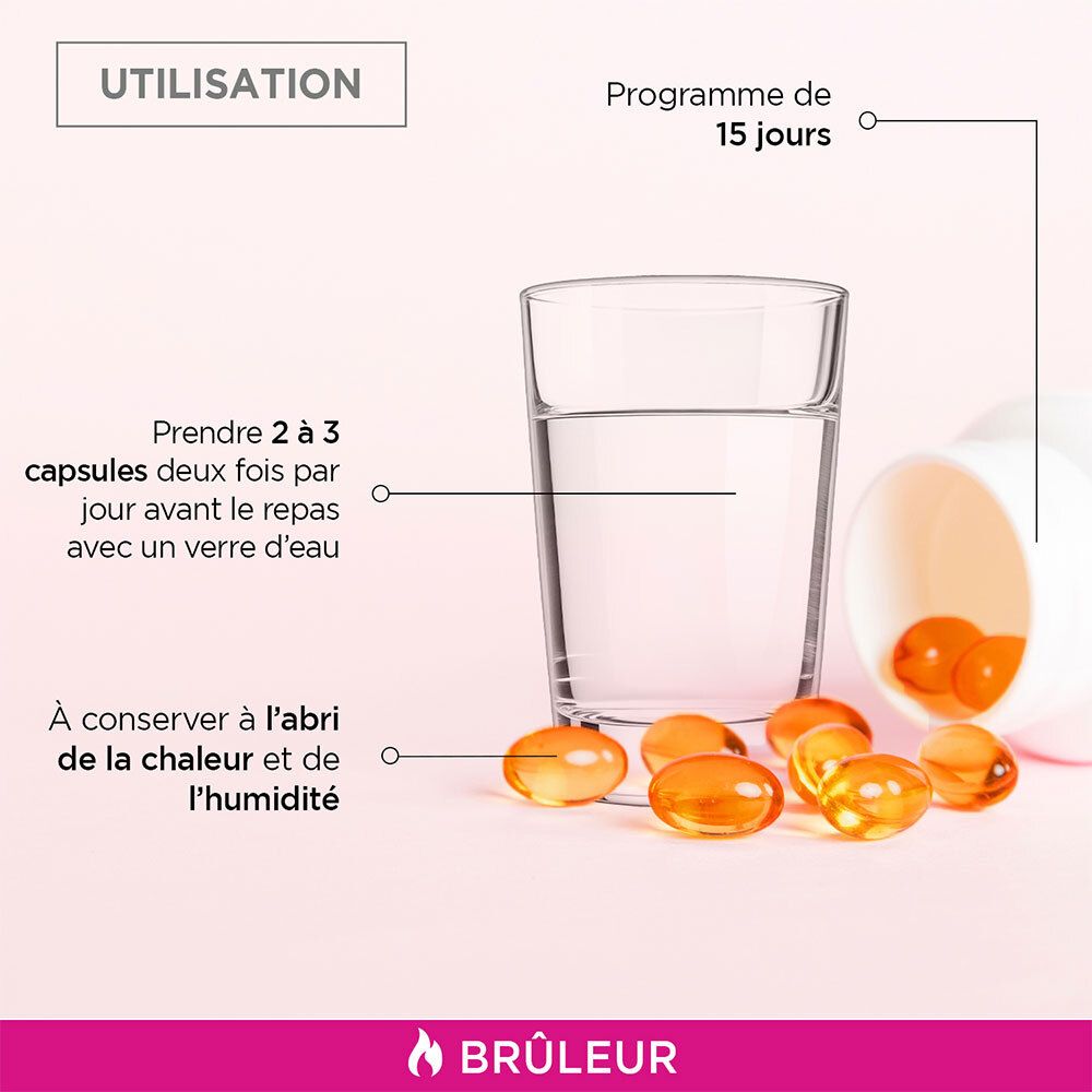 Verre d'eau, gélules et flacon. Texte: 2 à 3 gélules deux fois par jour avant le repas. Protéger de la chaleur.