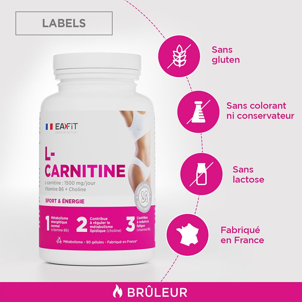 Flacon blanc de gélules. Inscription: L-Carnitine. Sans gluten, colorant, lactose. Fabriqué en France.