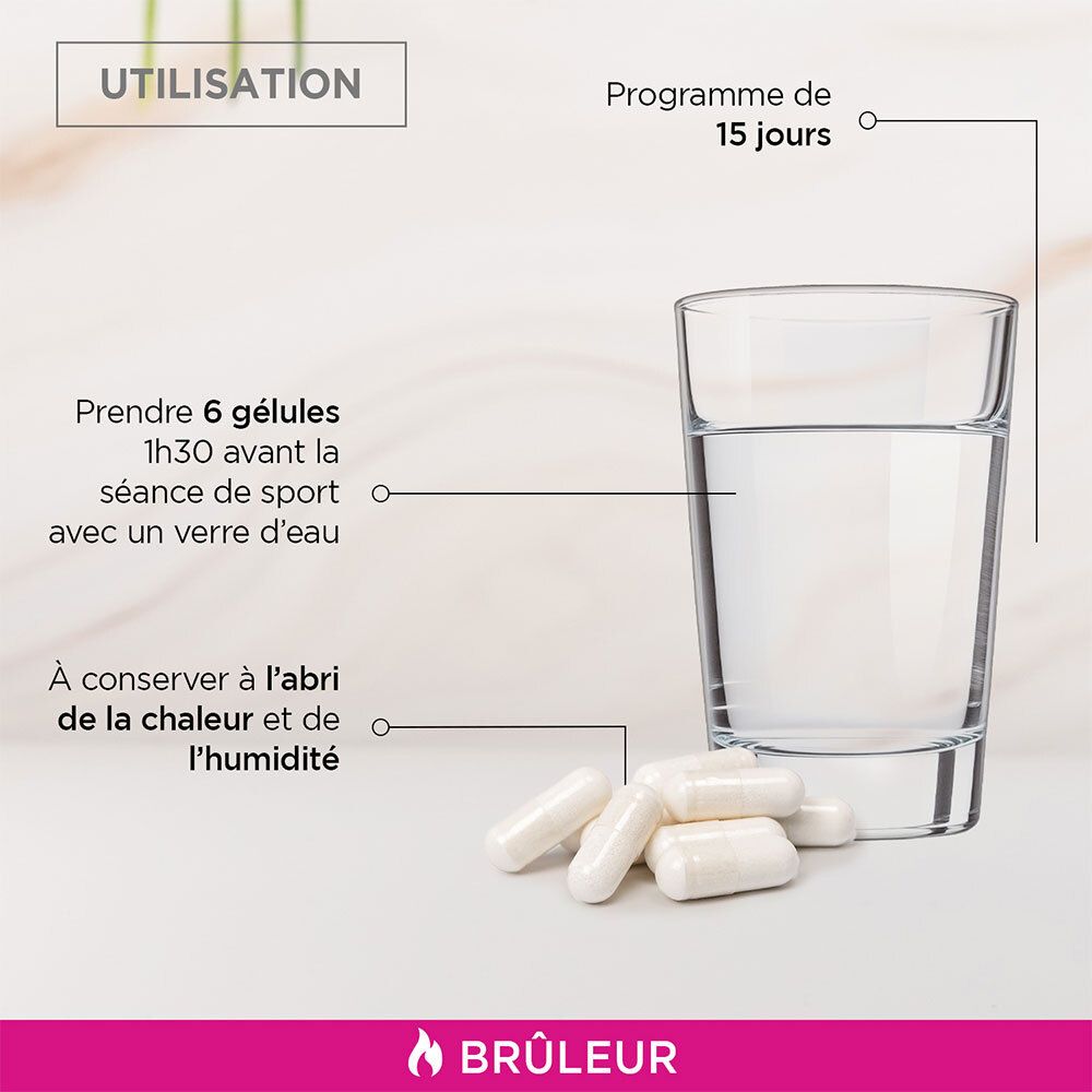 Verre d'eau avec gélules à côté. Utilisation: 6 gélules 1,5h avant le sport.