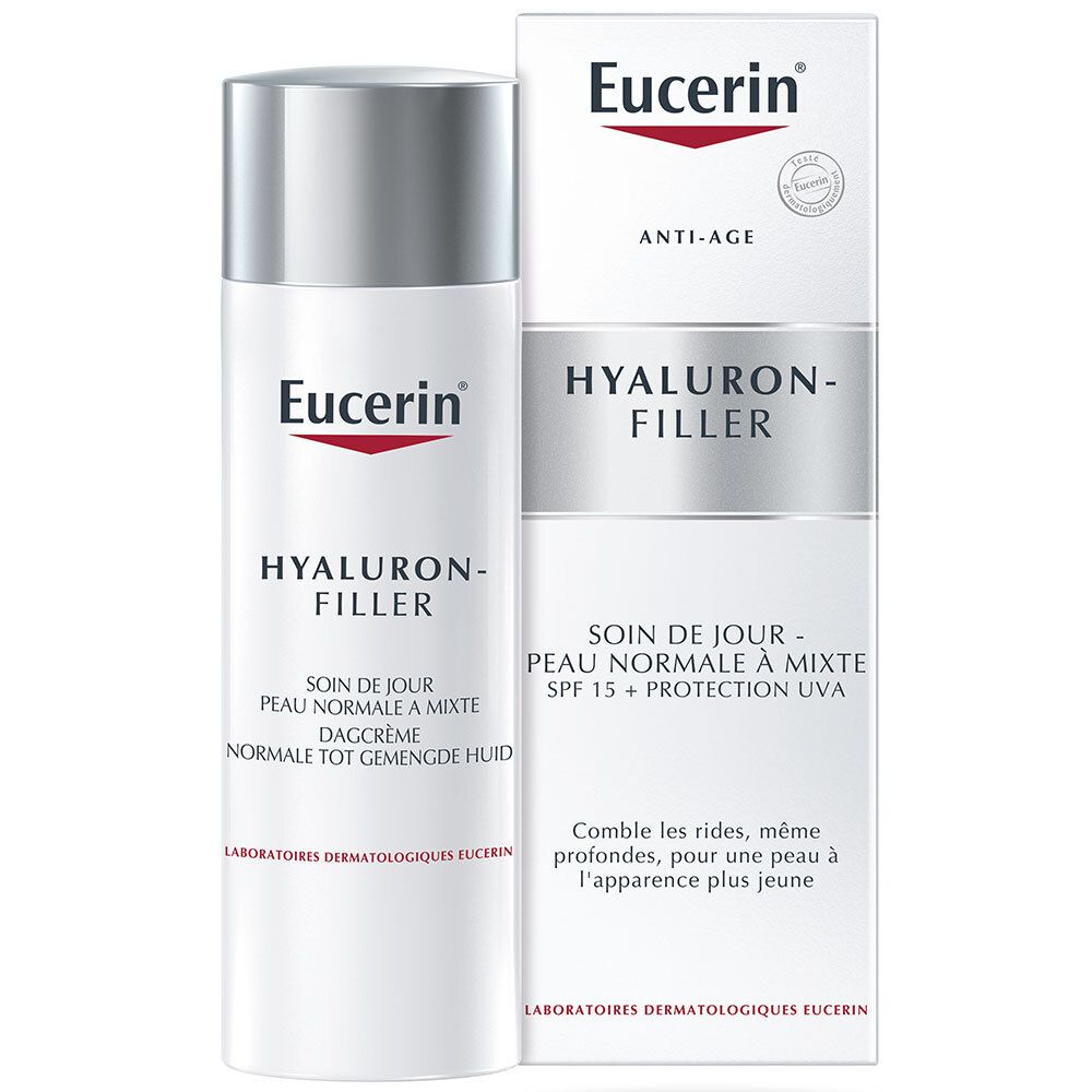 Eucerin Hyaluron-Filler crème de jour. Flacon blanc, bouchon argenté et emballage. Texte: Hyaluron-Filler, Anti-Âge.