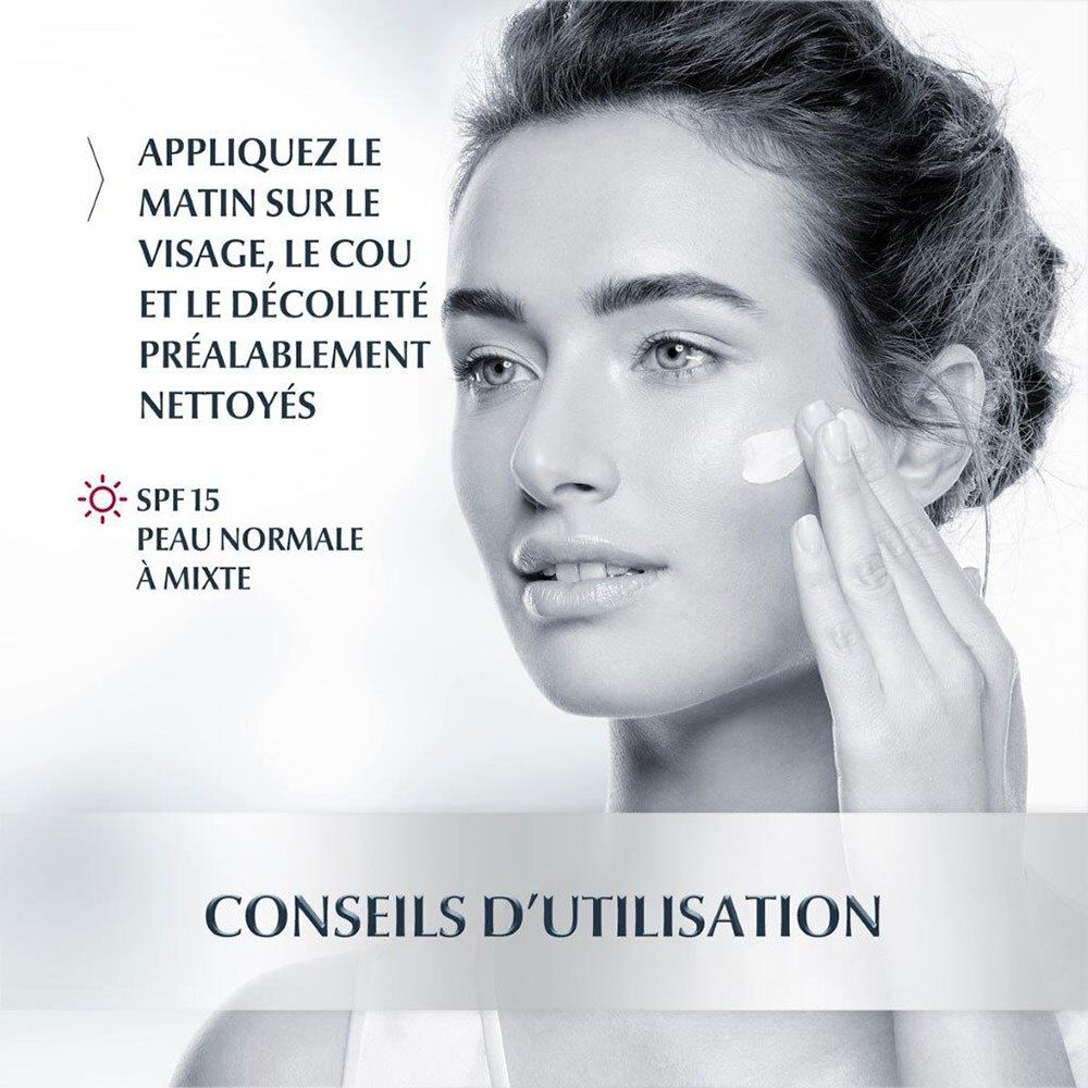 Conseils d'utilisation: Appliquer le matin sur le visage, le cou et le décolleté. SPF 15. Peau normale à mixte.