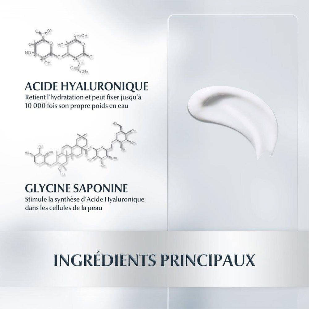 Ingrédients principaux: Acide hyaluronique, Glycine Saponine. Structures chimiques représentées. Texte: Ingrédients.