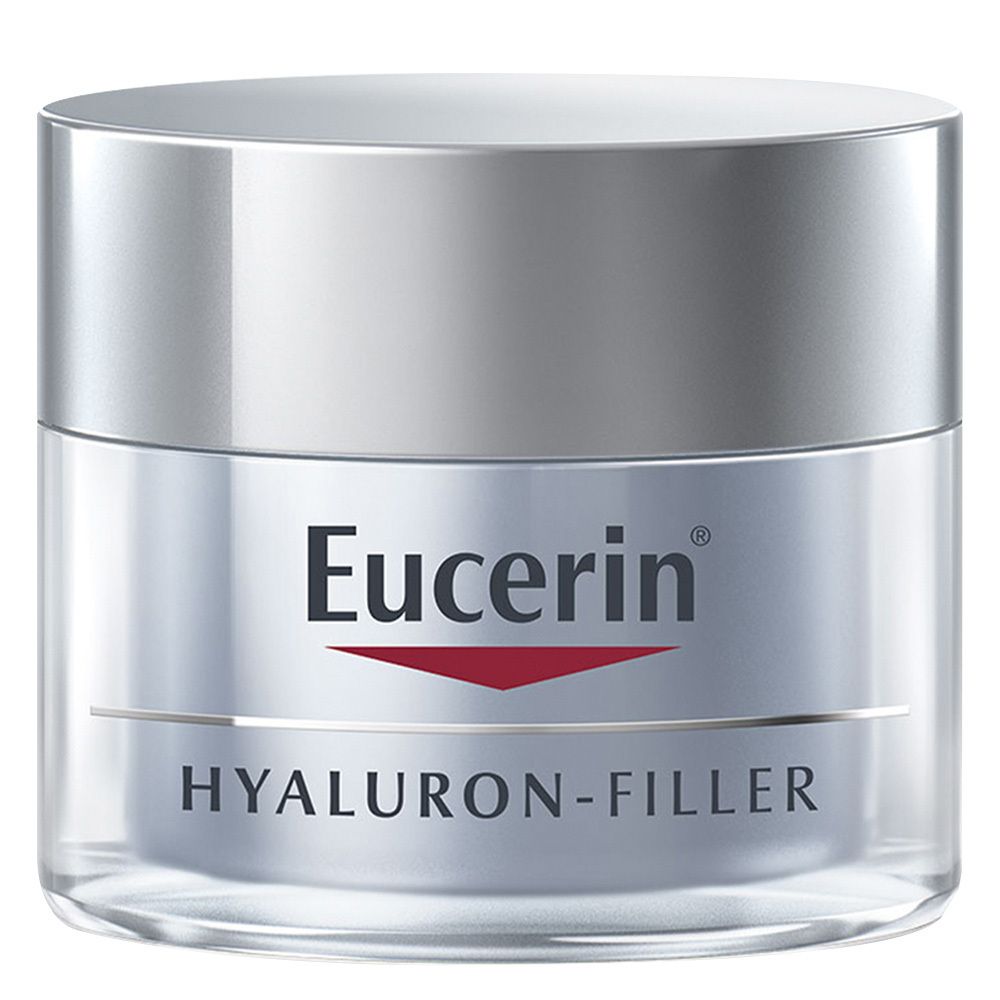 Pot de crème avec couvercle argenté. Le label indique Eucerin et HYALURON-FILLER.