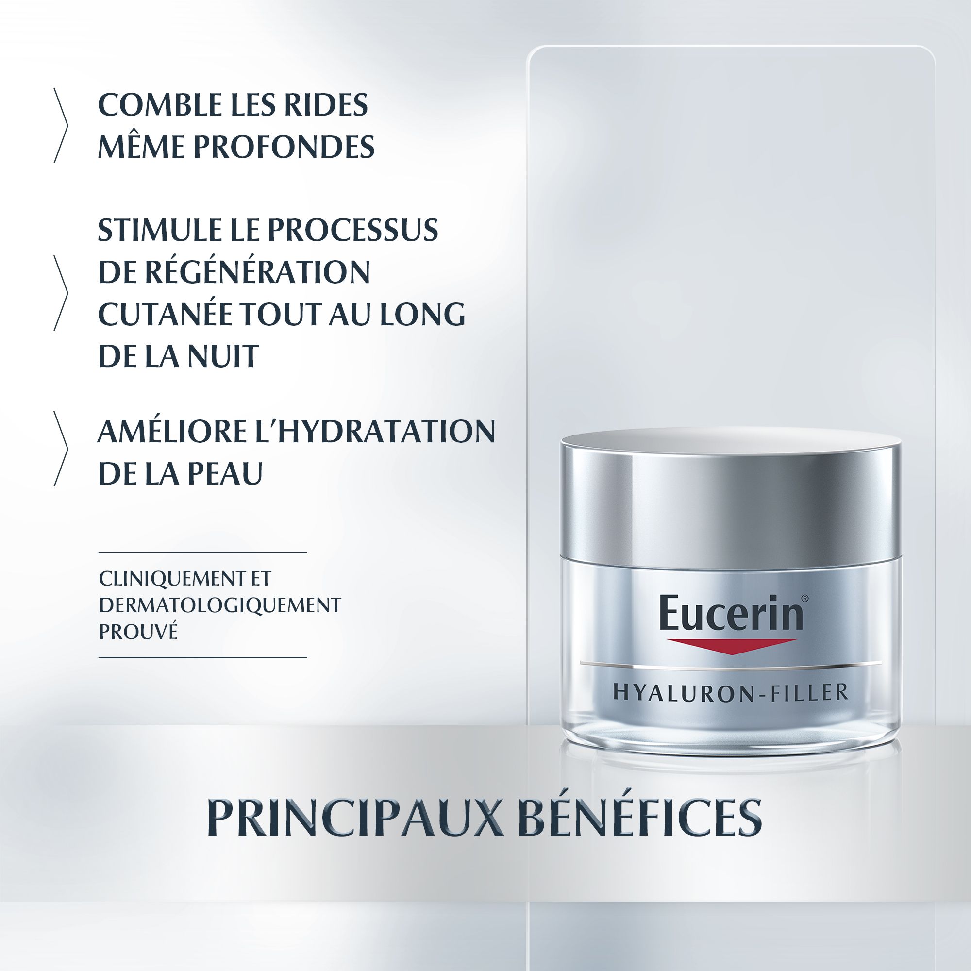 Principaux bénéfices du produit. Texte: Comble les rides, améliore l'hydratation, testé cliniquement.