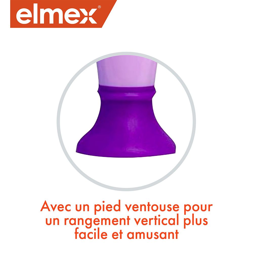 Gros plan du pied de la brosse. Pied violet avec ventouse. Pour un rangement facile et amusant.