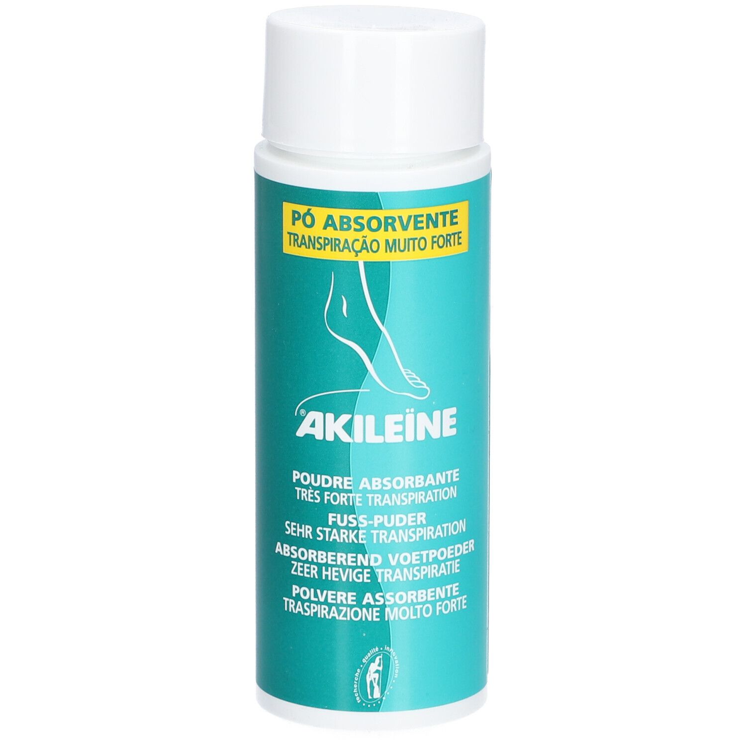 Flacon cylindrique Akileine® Poudre pour les pieds. Bouchon blanc, corps vert. Logo pied. Inscriptions multilingues.