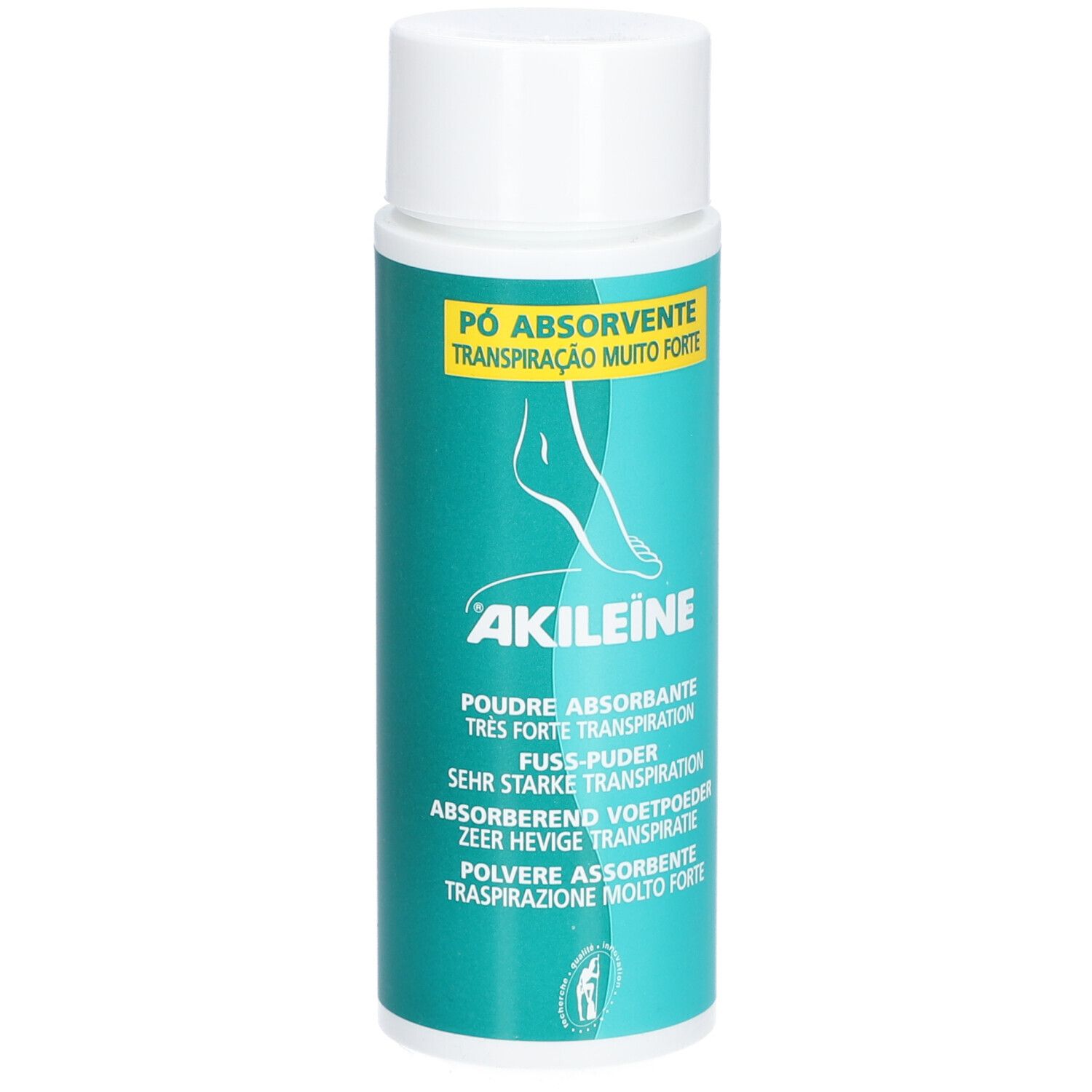 Flacon cylindrique Akileine® Poudre pour les pieds. Bouchon blanc, corps vert. Logo pied. Inscriptions multilingues.