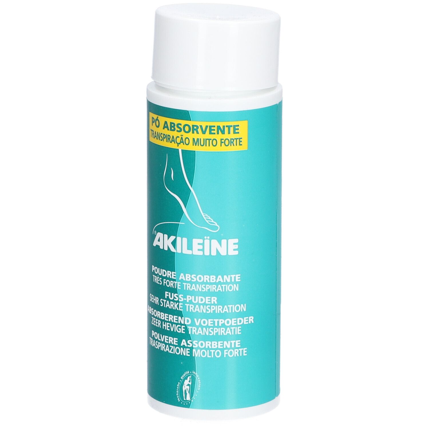 Flacon cylindrique Akileine® Poudre pour les pieds. Bouchon blanc, corps turquoise. Logo pied. Inscriptions multilingues.