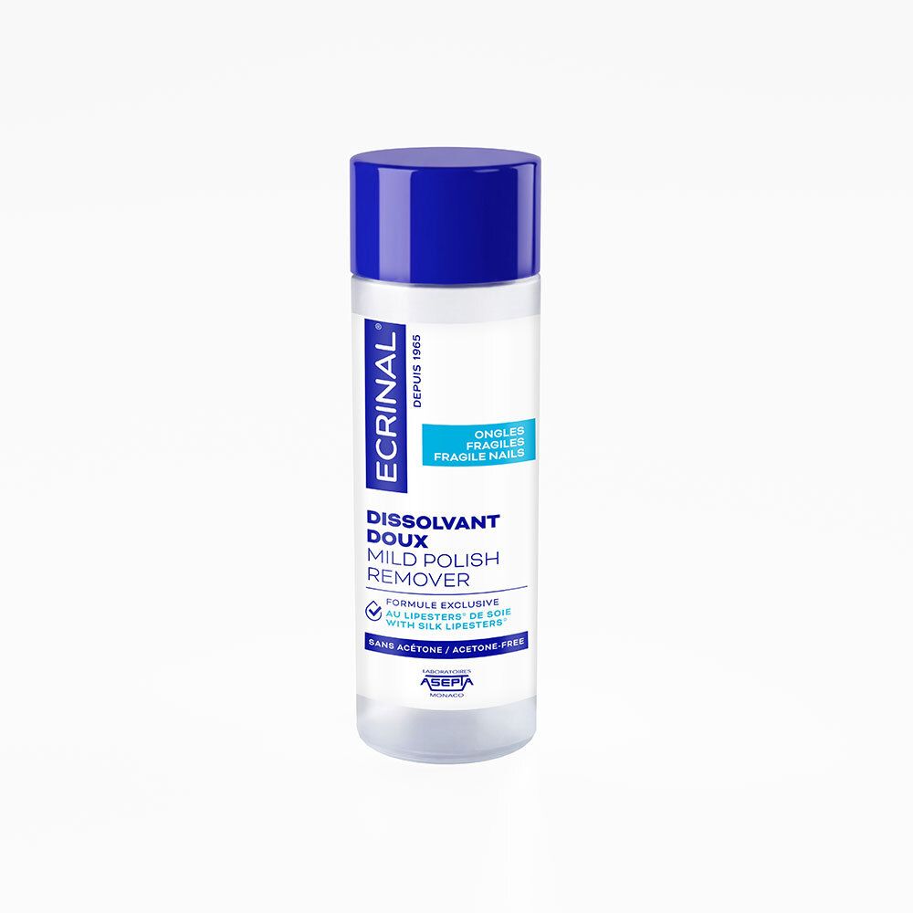 ECRINAL® Dissolvant Doux, flacon avec bouchon bleu. Formule sans acétone.