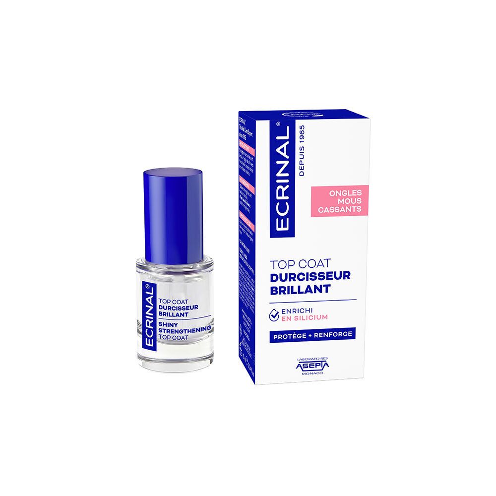 ECRINAL Durcisseur Vernis: Vernis transparent avec capuchon bleu et boîte.